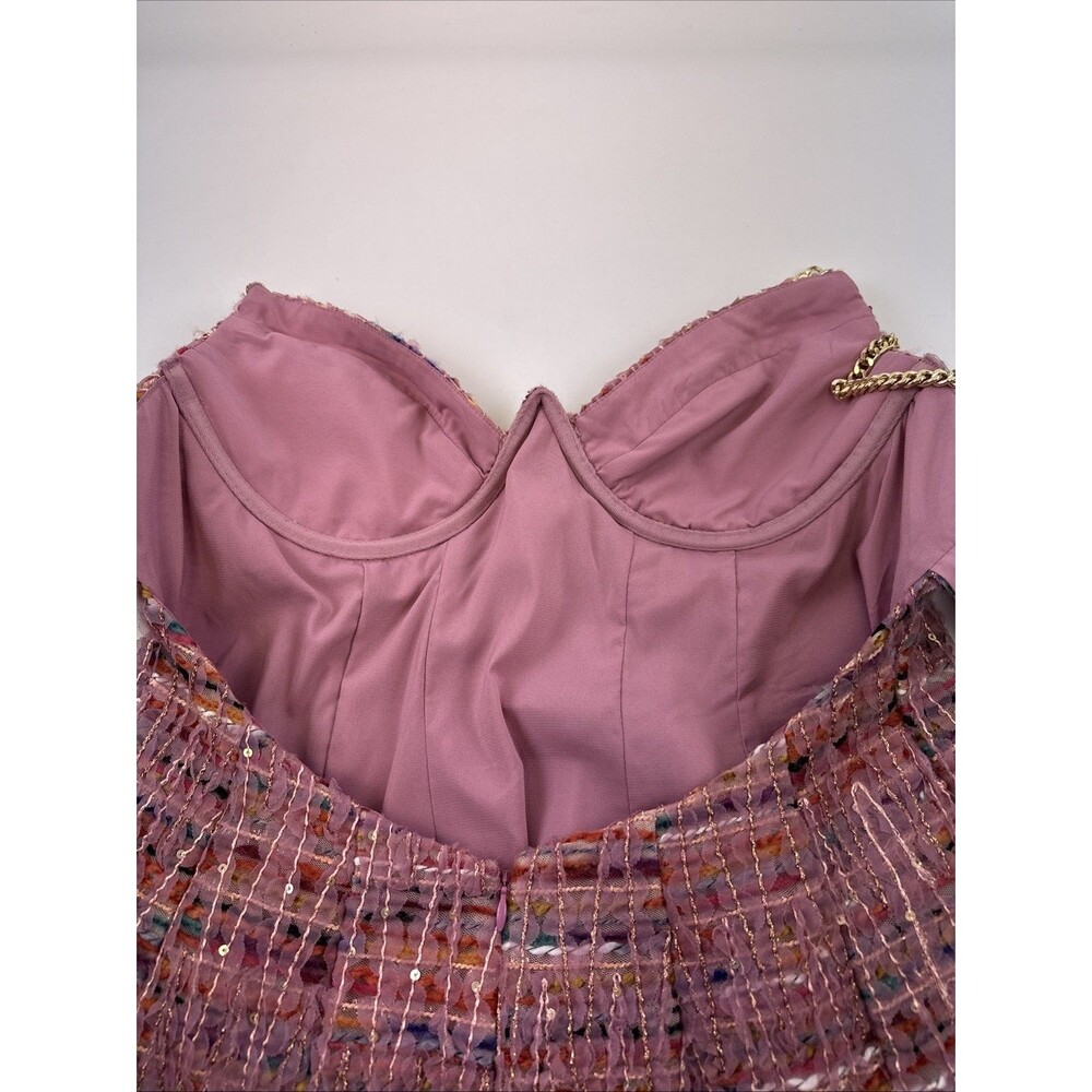 For Love & Lemons Celine Tweed Chain Mini Dress Pink Flare Party Summer Fun XL - Picture 11 of 16